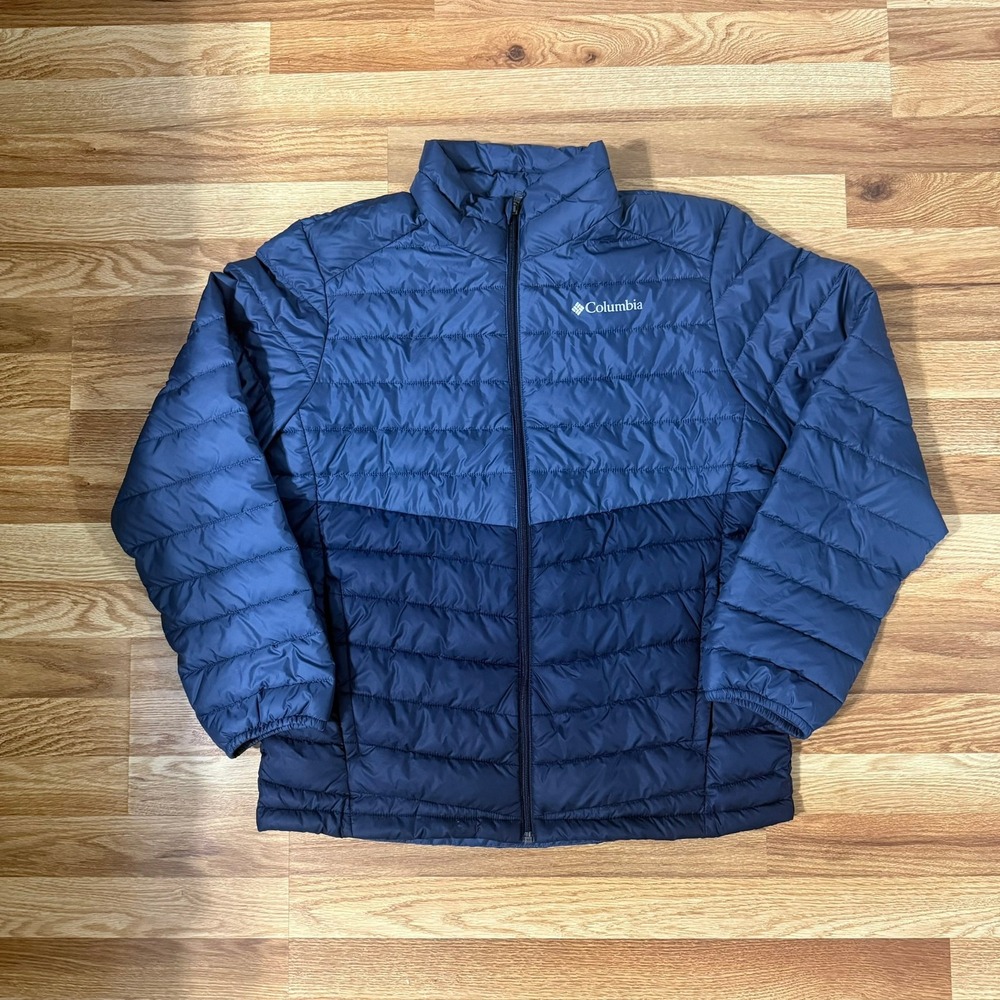 Columbia Mens Blue Two Tone Puffer Jacket Quilted Full Zip Insulated Coat Medium